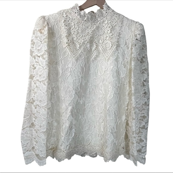 Vintage Tops - Vintage 80s Victorian Lace Blouse Ivory High Neck Romantic Top Modern Heirloom